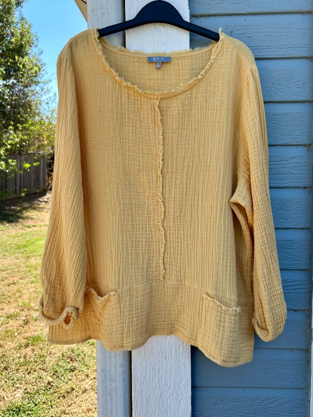 Habitat L Warm Yellow Cotton Gauze Tunic Top Artsy Lagenlook Raw Edge Pockets